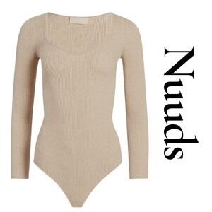 Nuuds Ribbed Knit Long Sleeve Sweetheart Neck Bodysuit L Beige